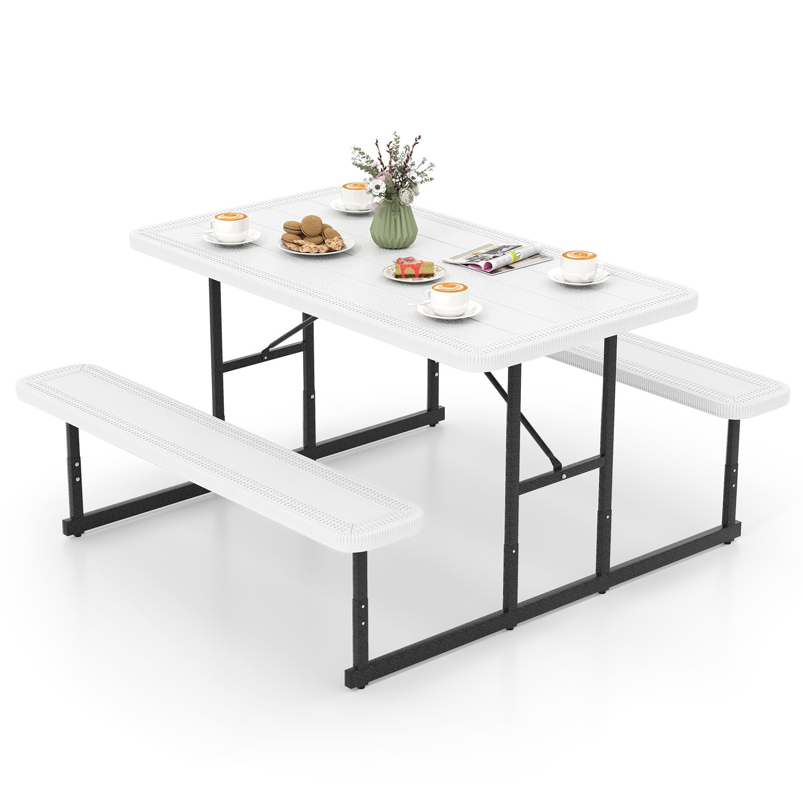 Tangkula HDPE Outdoor Rectangular Table Bench Set with 2 Built-in Benches